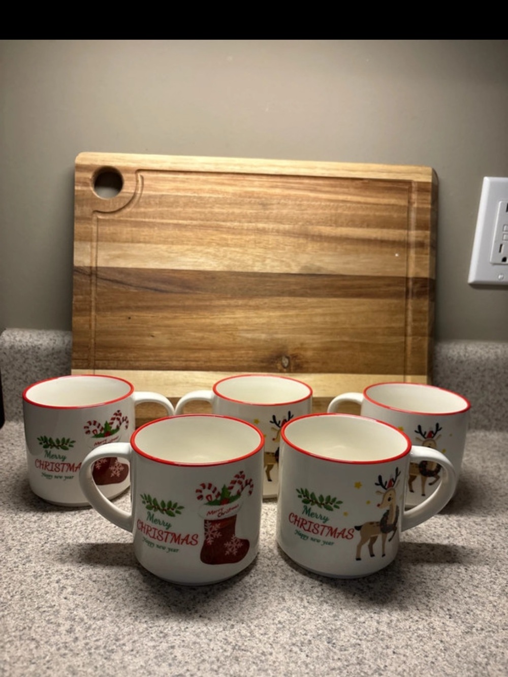 Christmas Reindeer and Stocking Ceramic Mug - Red Trim (Set of 5)